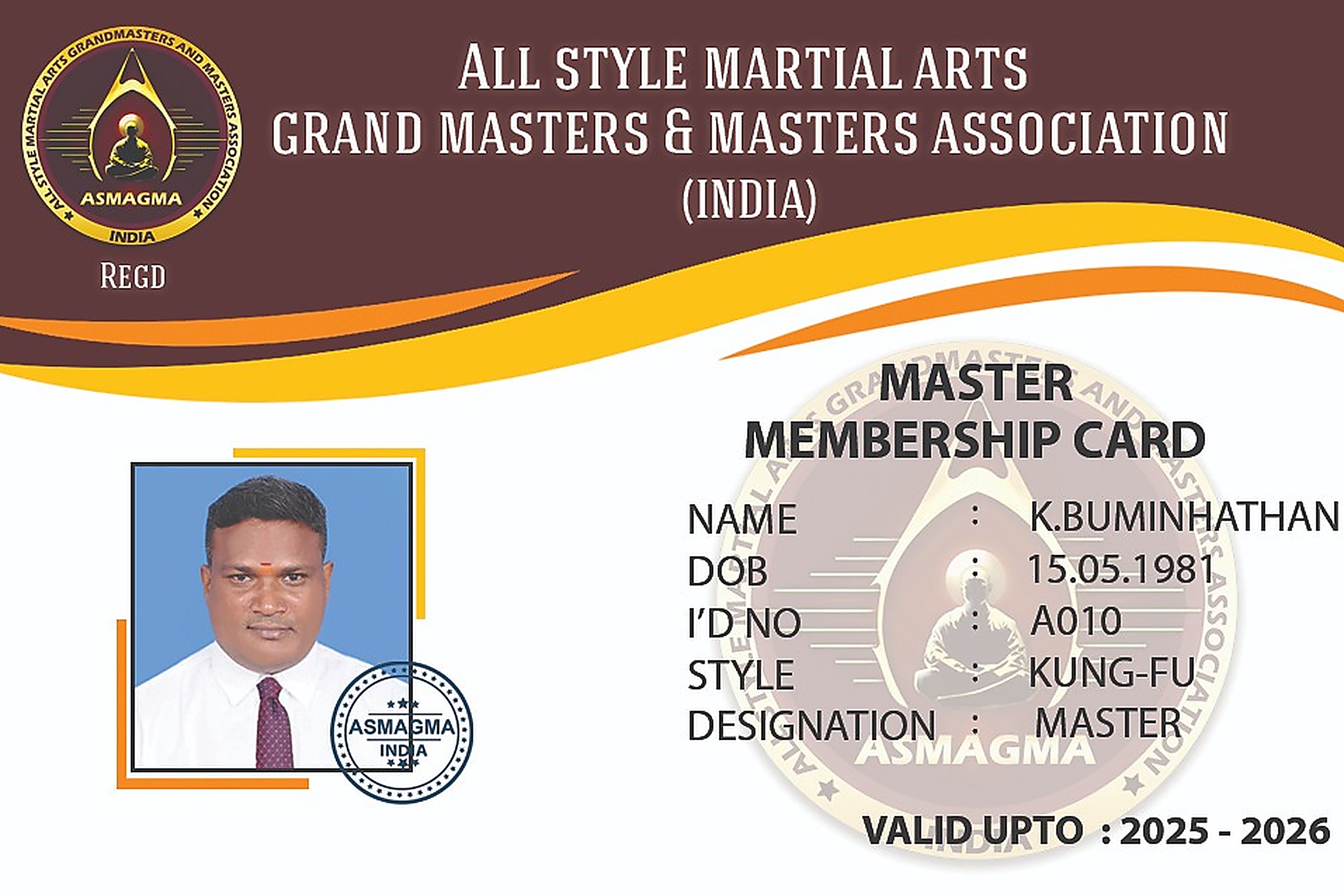 ASMAGMA All Style Martial Arts Grand Masters Master Membership Card – K. Buminhathan Kung Fu